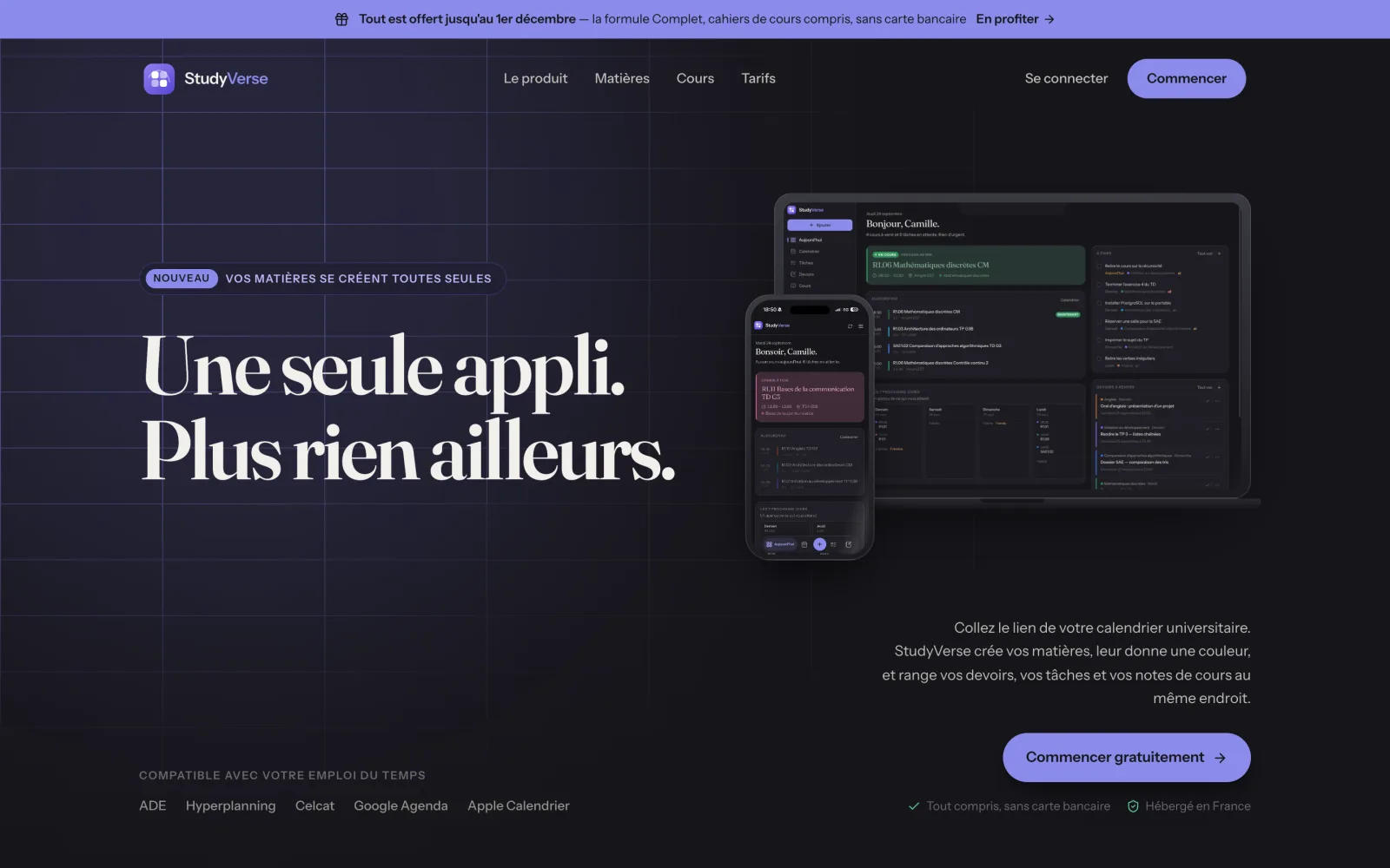 Accueil de StudyVerse sur ordinateur : titre « Une seule appli. Plus rien ailleurs. » à côté d'un aperçu de l'application avec emploi du temps et devoirs.